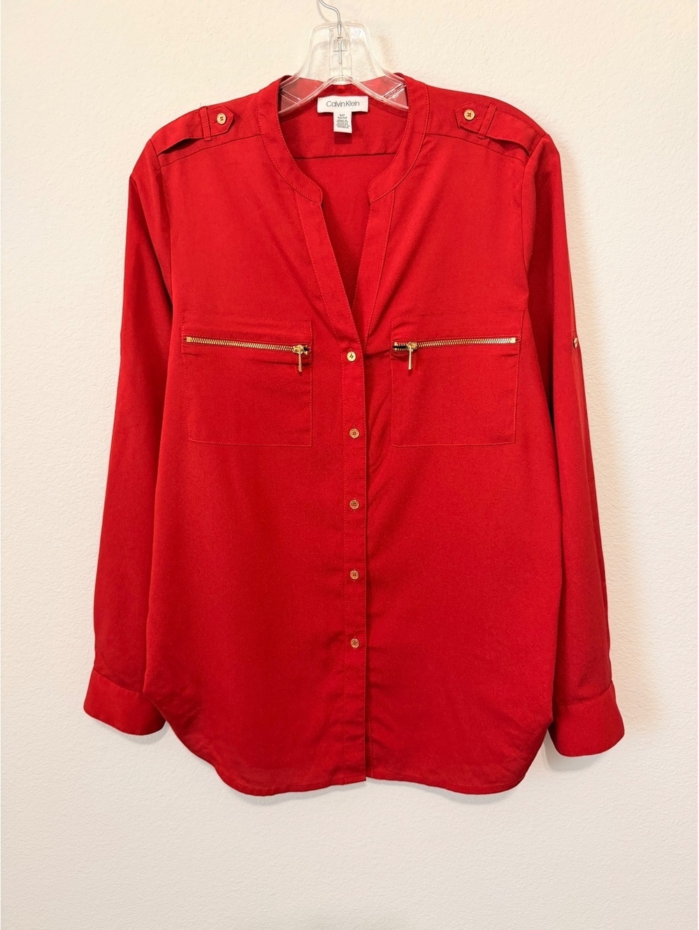 Calvin Klein Rust Orange Long Sleeve V-Neck Button Front Career Blouse Size M